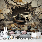 Vintage car wallpaper creating dramatic effect in home office space
