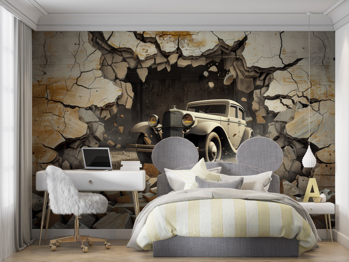Classic car wallpaper installation in garage showing 3D effect