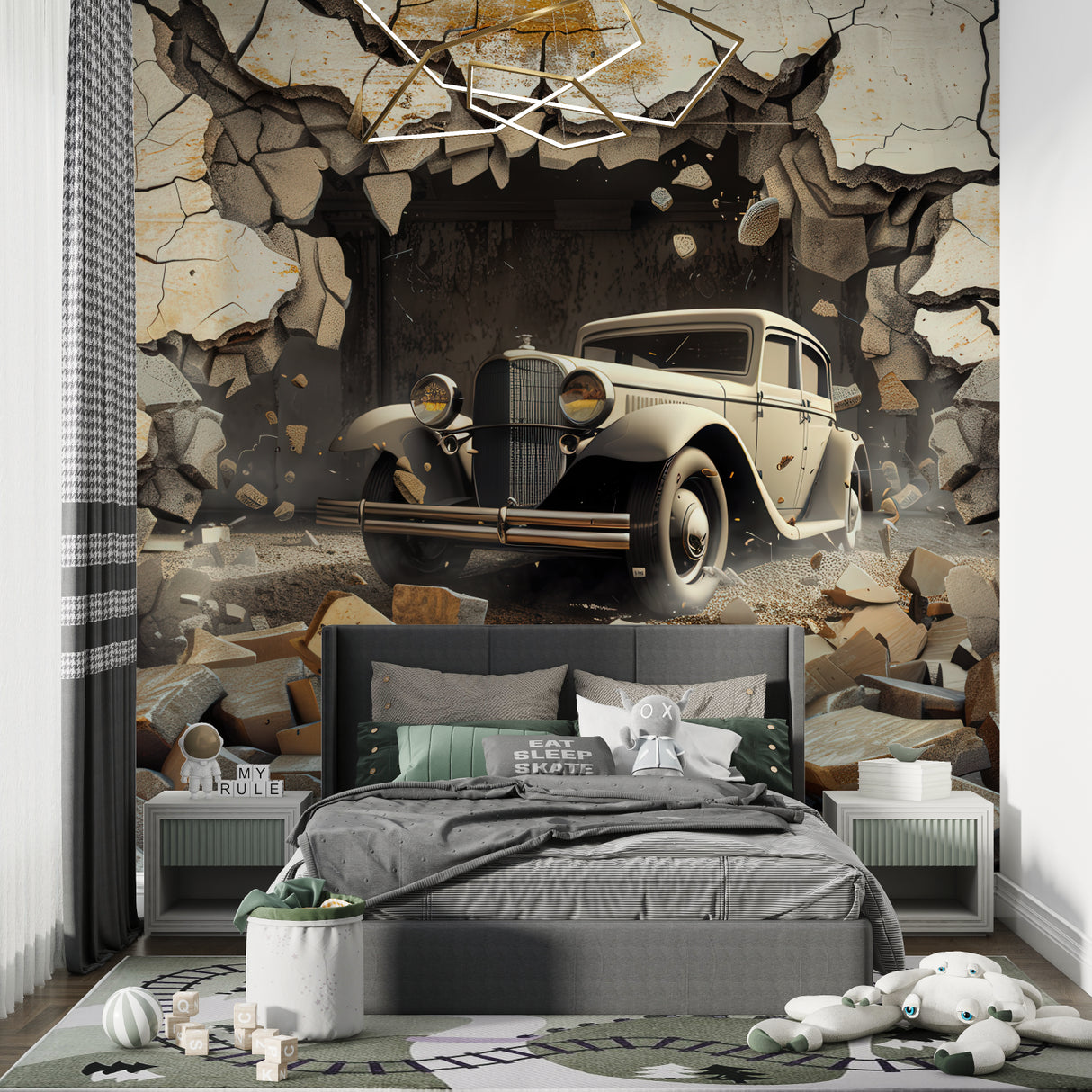 Vintage automobile mural creating depth in teen bedroom