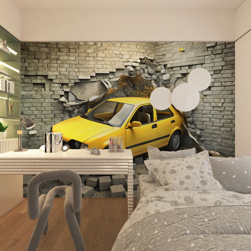 3D car wallpaper creating dramatic effect in modern teen bedroom, yellow vehicle breaking through brick wall