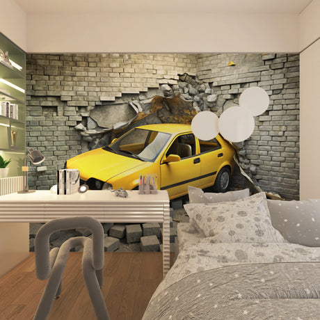 3D car wallpaper creating dramatic effect in modern teen bedroom, yellow vehicle breaking through brick wall