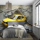 Gaming room featuring 3D car mural wallpaper with yellow vehicle bursting through bricks