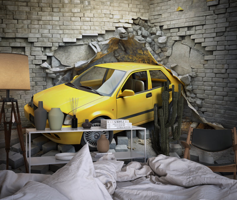 Office space transformed with 3D breaking wall car mural, showing depth and movement