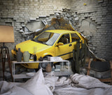 Office space transformed with 3D breaking wall car mural, showing depth and movement