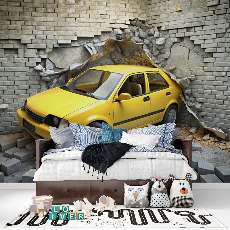 Man cave featuring yellow car breaking through wall mural, creating focal point