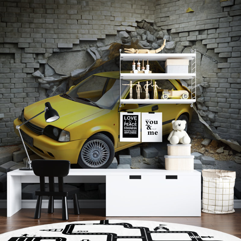 Garage wall decorated with 3D car wallpaper showing yellow vehicle and brick effect