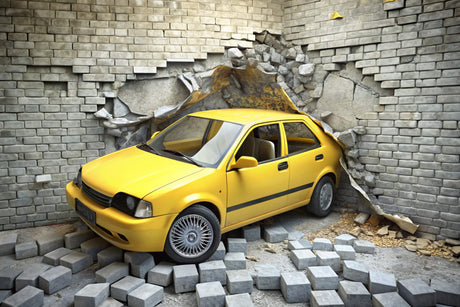 Design file of yellow vehicle breaking through brick wall mural pattern