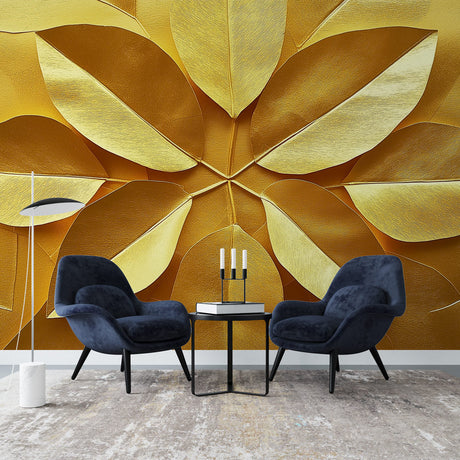 3D Floral Golden Leaves Wallpaper creating a stunning feature wall in a modern living room with ambient lighting