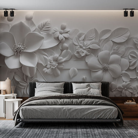 3D white floral wallpaper creating dramatic shadows in a modern living room with natural light streaming through windows