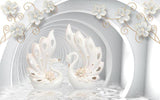 White and gold 3D swan wallpaper adding sophistication to a modern living room with natural lighting