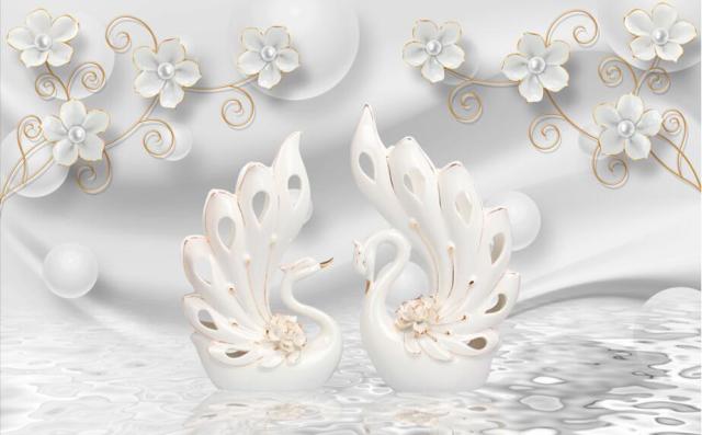 Design file of 3D floral wallpaper featuring white swan and golden blooms in detailed pattern view