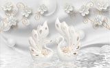 Design file of 3D floral wallpaper featuring white swan and golden blooms in detailed pattern view