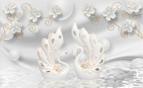 Design file of 3D floral wallpaper featuring white swan and golden blooms in detailed pattern view