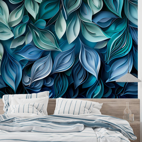 Modern blue 3D leaf wallpaper in a bright living room showing depth and texture