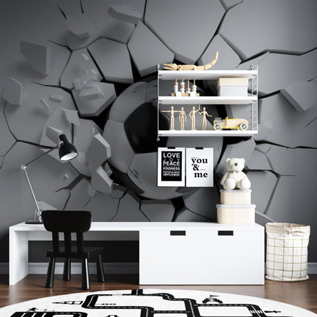 3D Football Wallpaper creating dramatic effect in modern teen bedroom, soccer ball bursting through wall