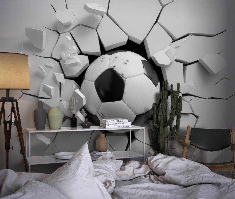 3D Soccer Wallpaper installed in contemporary game room showing breaking wall effect
