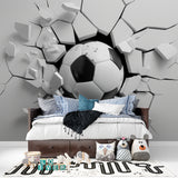 3D Breaking Wall Football Mural displayed in kids playroom