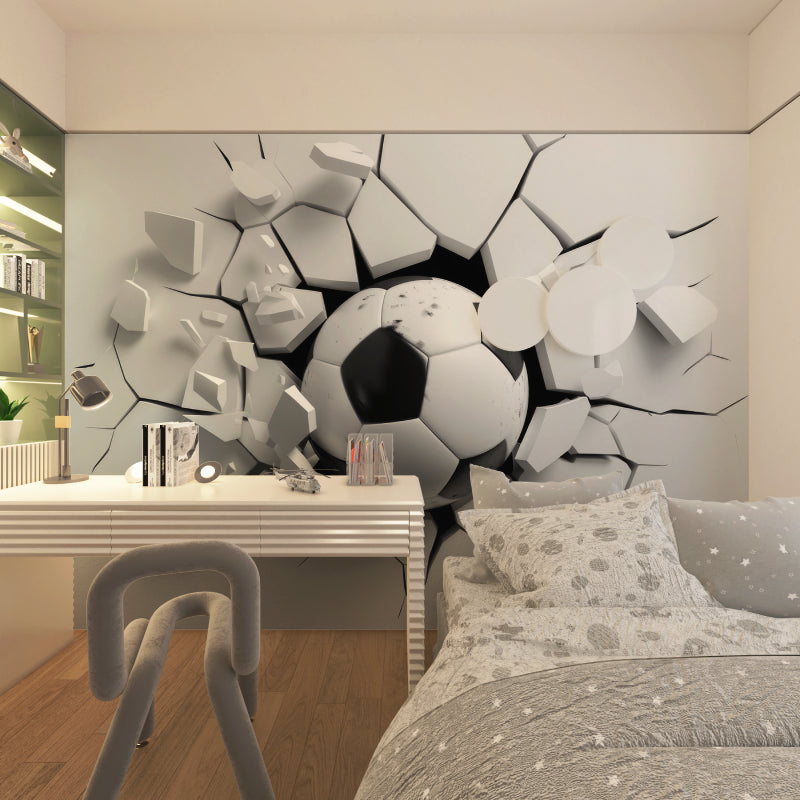 Soccer themed wallpaper installation in modern home gym