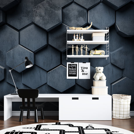 Modern home office featuring 3D Geometric Wallpaper with metallic honeycomb pattern creating depth and dimension
