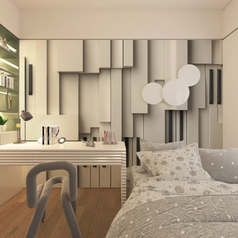 Geometric wall mural creating dramatic effect in a contemporary office space with clean furniture