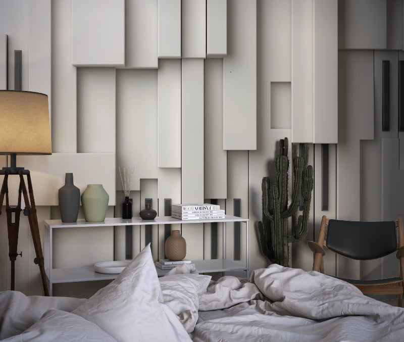 3D panel wallpaper design showcased in a modern dining room with pendant lighting