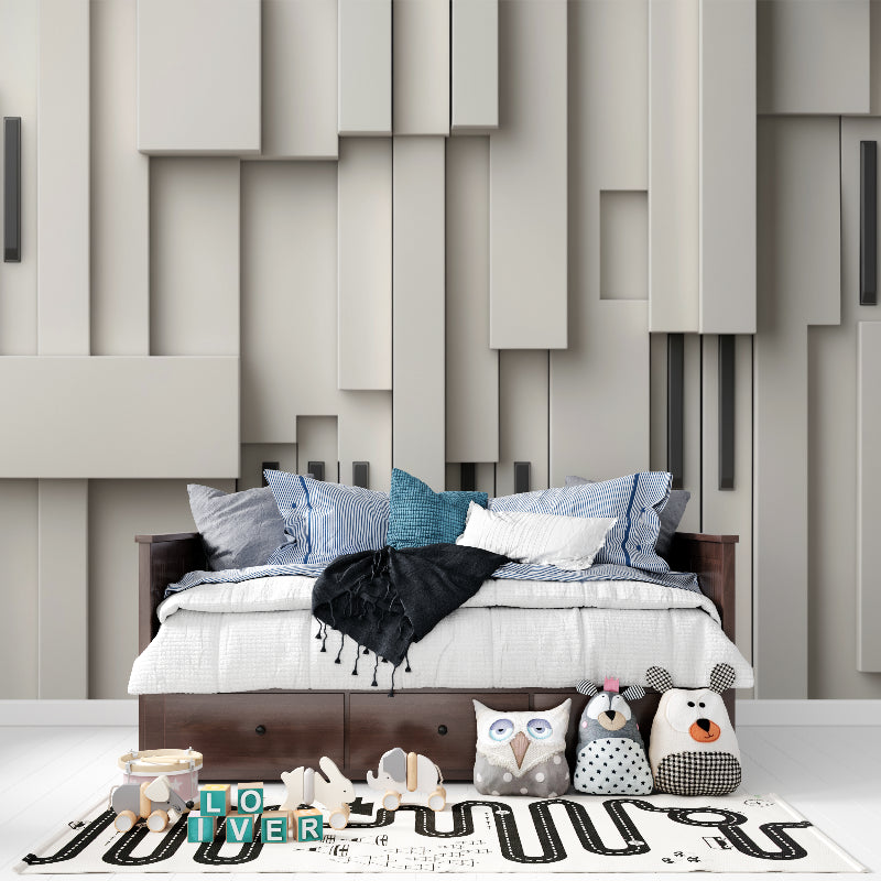 Abstract geometric wallpaper bringing depth to a master bedroom with minimal decor