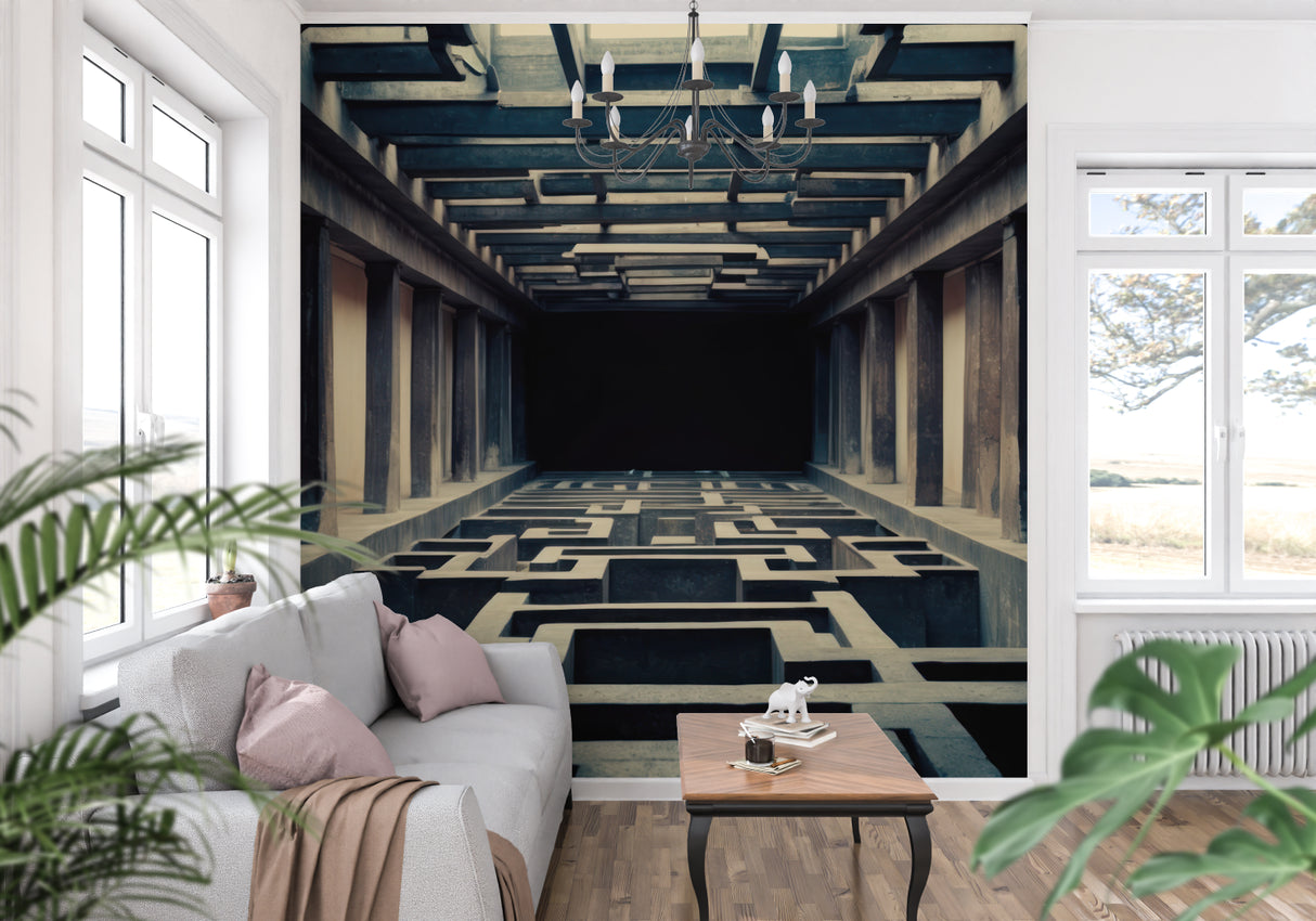 3D geometric wallpaper creating depth in modern living room with grey sofa and natural light