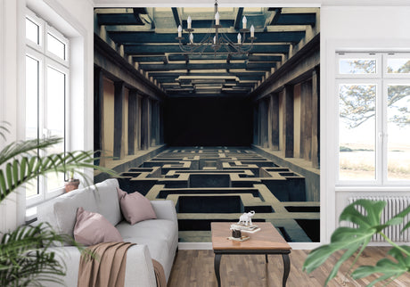 3D geometric wallpaper creating depth in modern living room with grey sofa and natural light
