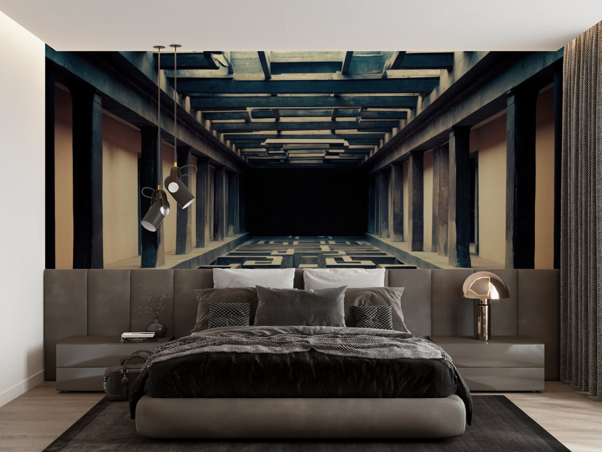 Optical illusion wallpaper in minimalist office space showing architectural perspective