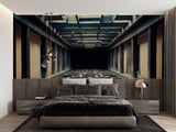 Optical illusion wallpaper in minimalist office space showing architectural perspective