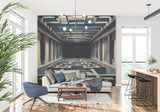 3D perspective mural in contemporary dining room with wooden furniture