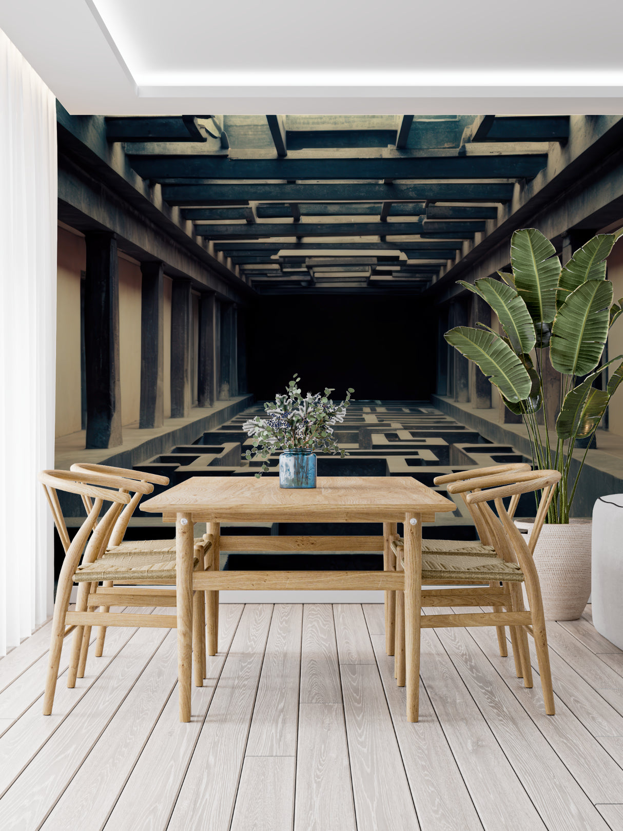 Geometric wallpaper making hallway appear longer with dramatic depth effect