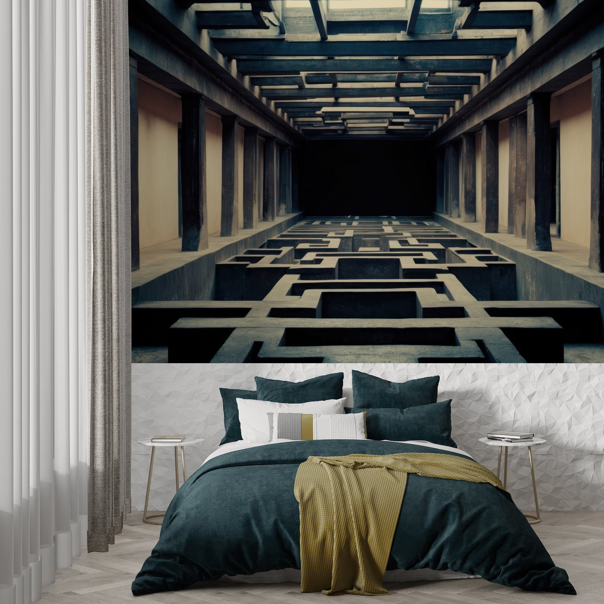 Modern bedroom featuring architectural illusion wallpaper with wooden beams