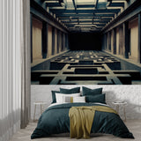 Modern bedroom featuring architectural illusion wallpaper with wooden beams