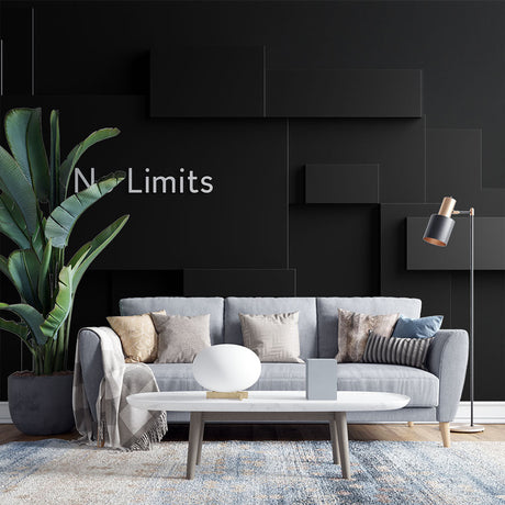 Modern 3D geometric wallpaper with black cubes creating depth in a minimalist living room setting