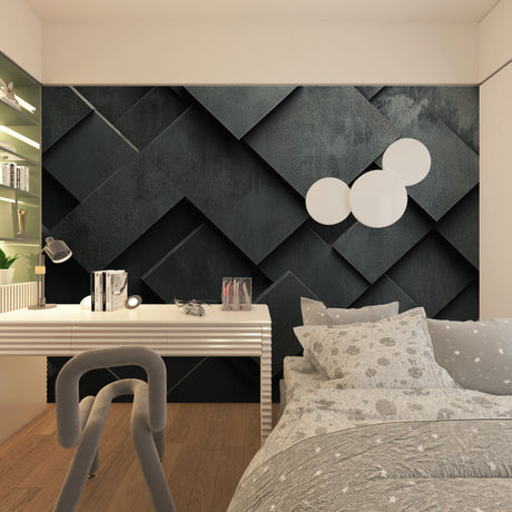 Modern black diamond geometric wallpaper in a minimalist living room creating dramatic depth effects