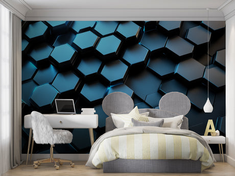 Modern blue geometric wallpaper in a minimalist office space showing depth effect