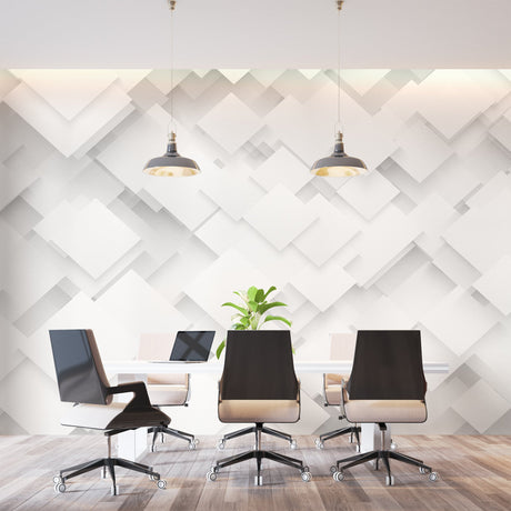 Modern living room with 3D geometric wallpaper creating depth on accent wall behind minimal furniture