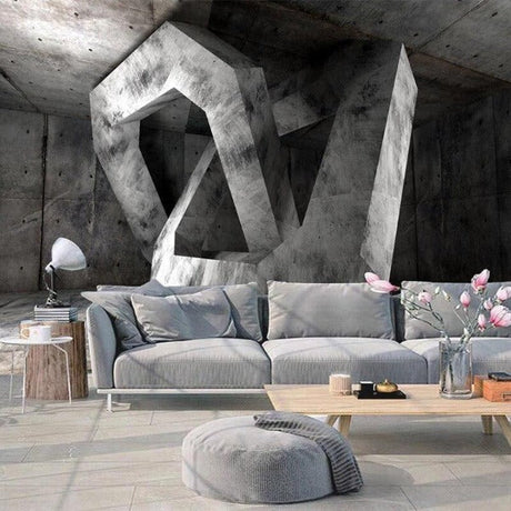 3D industrial wallpaper creating dramatic effect in modern minimalist living room with grey sofa and metal accents