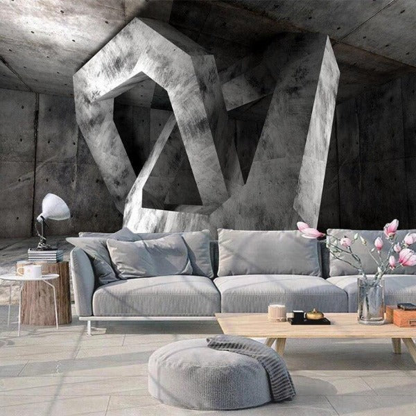 3D industrial wallpaper creating dramatic effect in modern minimalist living room with grey sofa and metal accents