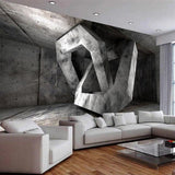 3D concrete wall mural transforming urban loft bedroom with industrial lighting fixtures