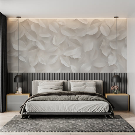 3D leaves wallpaper creating depth in modern living room with natural light highlighting textured pattern