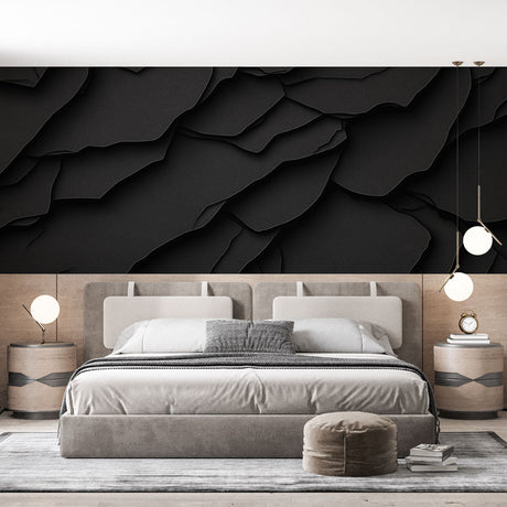 Modern living room featuring a Black 3D Abstract Wallpaper creating depth and sophistication behind a grey sofa