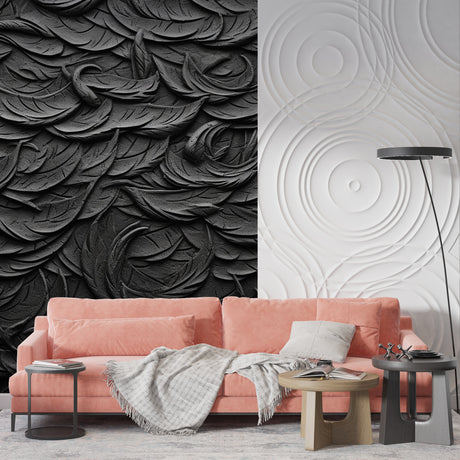 Black 3D feather textured wallpaper in modern living room with natural lighting highlighting the relief pattern
