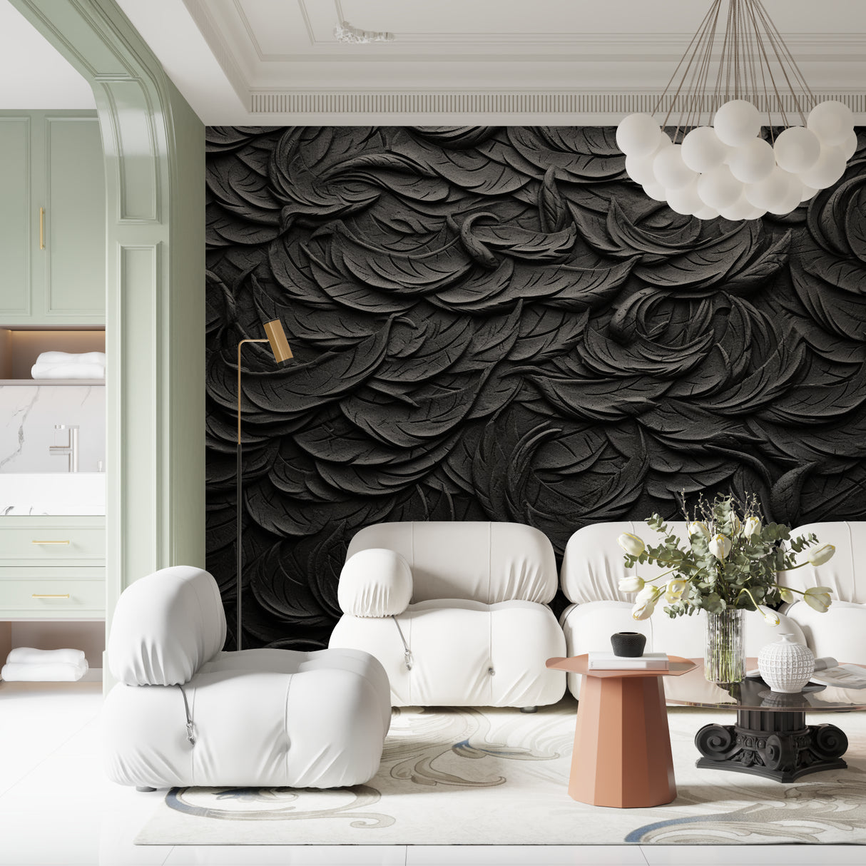 Dramatic black 3D feather wallpaper creating depth in master bedroom setting
