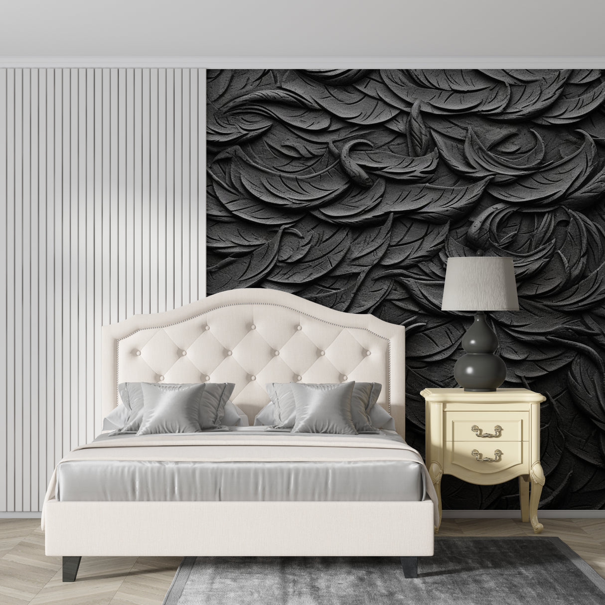 3D textured feather pattern wallpaper in minimalist dining room with pendant lights