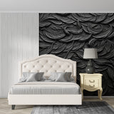3D textured feather pattern wallpaper in minimalist dining room with pendant lights