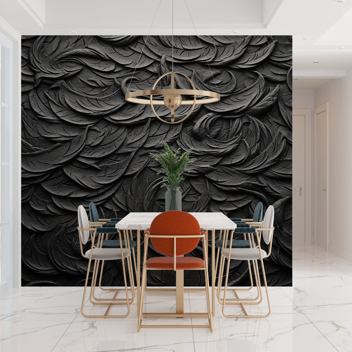Black relief wallpaper showcasing feather texture in contemporary office space