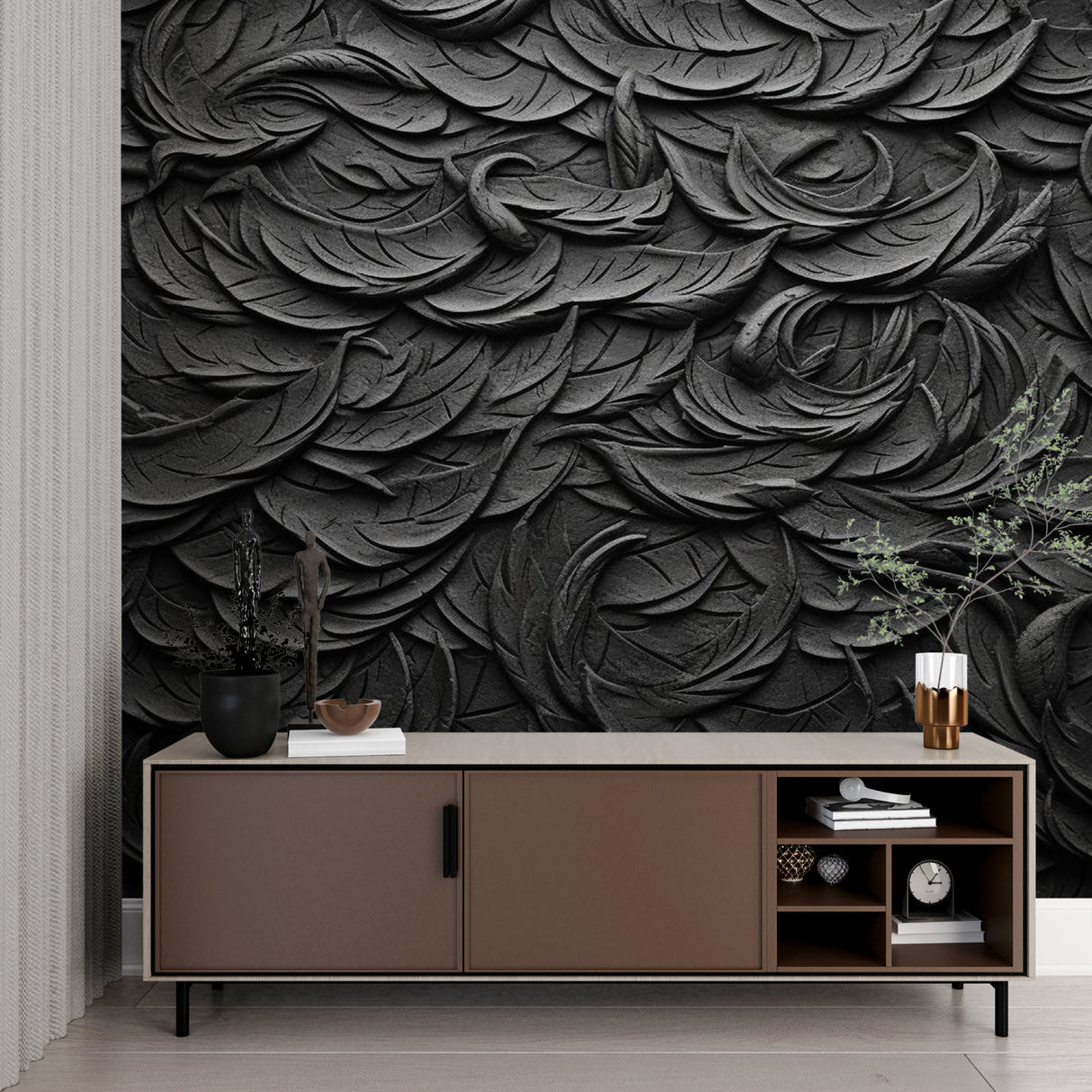 Sculptural black feather wall mural creating drama in hotel lobby setting