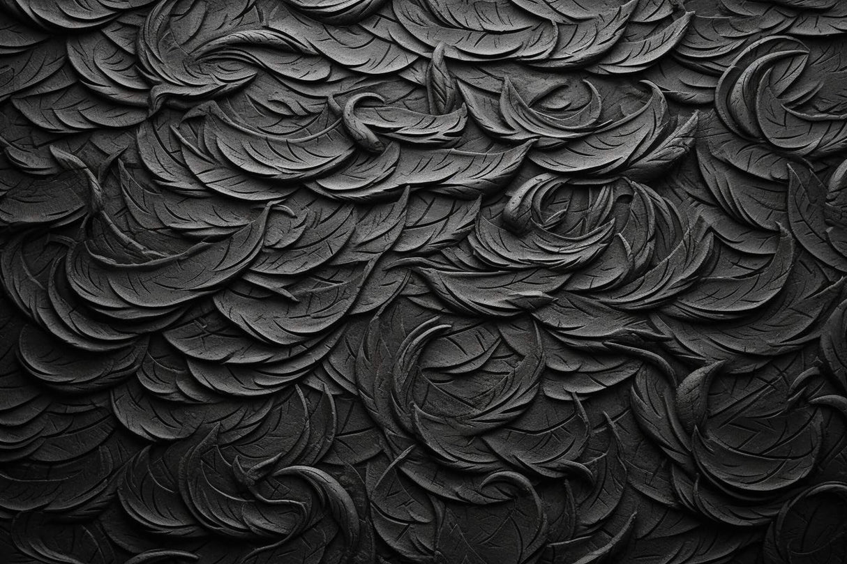 Design file showing intricate black feather pattern with 3D relief details